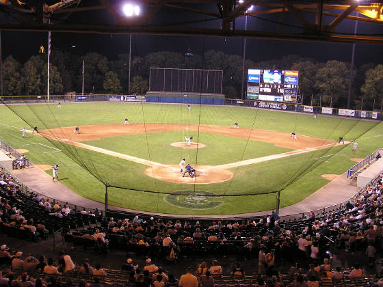 A view of the field and the Columbus skyline